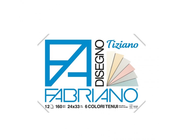 Fabriano Блок за рисуване Tiziano, 24 x 33 cm, 160 g/m2, пастелни цветове, грапав, с ъгли, 6 цвята, 12 листа
