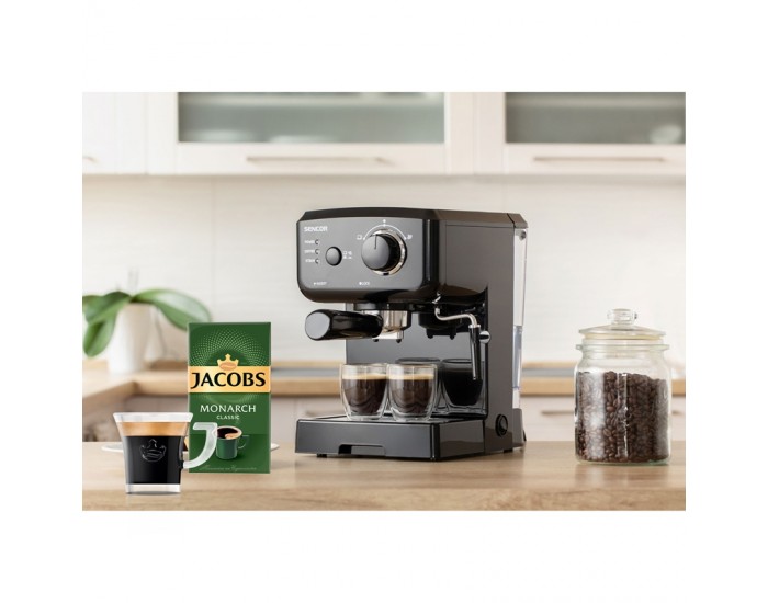 Sencor Кафе машина SES 1710BK, 15 бара, в комплект с Jacobs Monarch Мляно кафе Classic, 250 g и Jacobs стъклена чаша