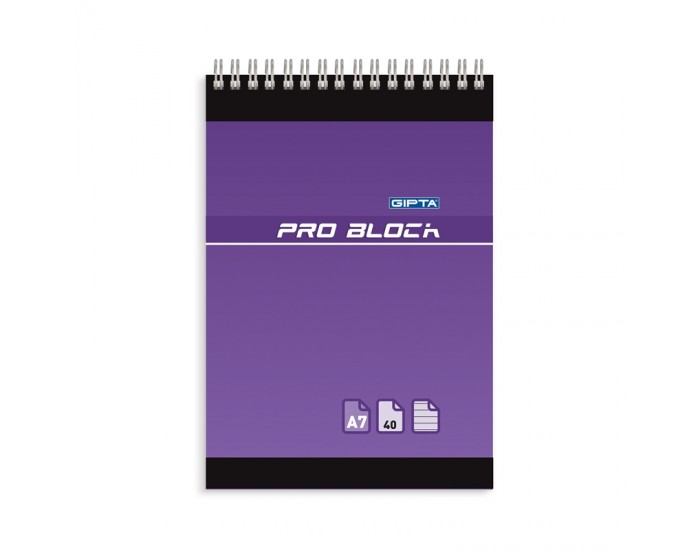 Gipta Тефтер Pro-Block, А7, бяла хартия, широки редове, картонена корица, със спирала, 40 листа