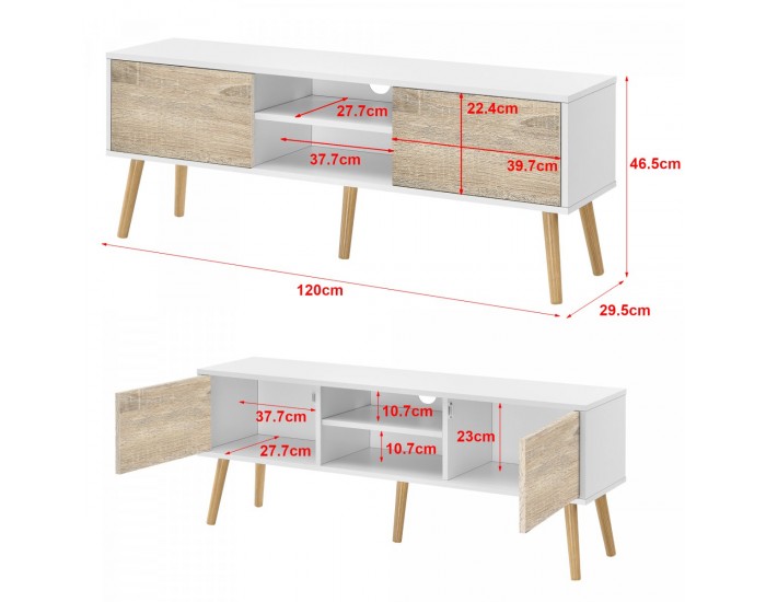 ТВ маса Eskilstuna, размери 120 x 29,5 x 46,5 см,  с 2 врати на шкафа и 2 рафта, дъб, Бял цвят