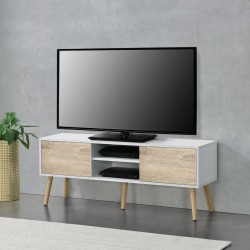 ТВ маса Eskilstuna, размери 120 x 29,5 x 46,5 см,  с 2 врати на шкафа и 2 рафта, дъб, Бял цвят - Comode TV