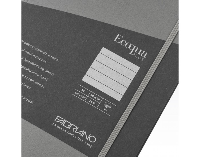 Fabriano Тетрадка Ecoqua+, A5, картонена корица, със скрита спирала, 70 листа, антрацит