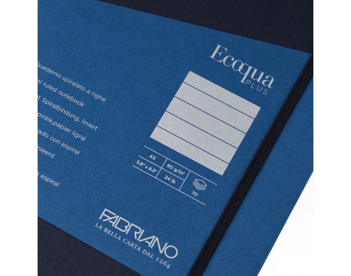 Fabriano Тетрадка Ecoqua+, A5, картонена корица, със скрита спирала, 70 листа, тъмносиня