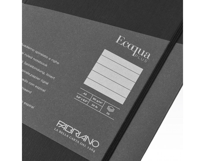 Fabriano Тетрадка Ecoqua+, A5, картонена корица, със скрита спирала, 70 листа, черна