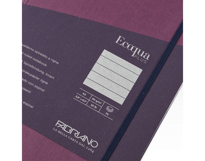 Fabriano Тетрадка Ecoqua+, A5, картонена корица, със скрита спирала, 70 листа, лилава