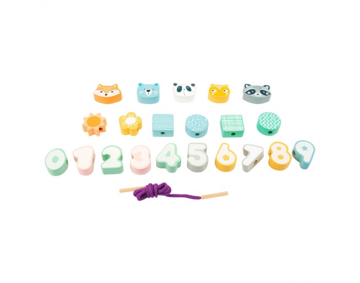 Small Foot Игра за нанизване Животни и числа, в пастелни цветове, 22 части