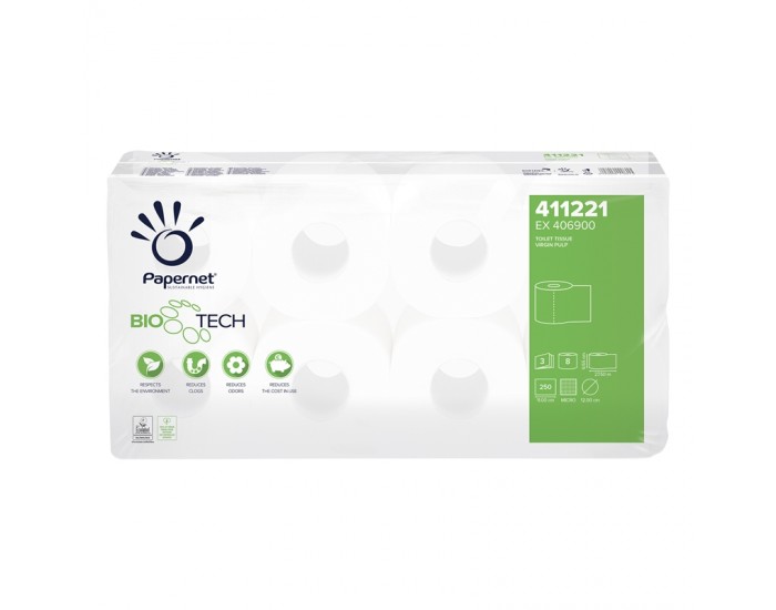 Papernet Тоалетна хартия, Bio tech, целулоза, трипластова, 250 къса, 8 броя