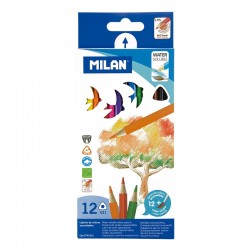 Milan Цветни акварелни моливи Triangular, 12 цвята, с включена четка - Papetărie