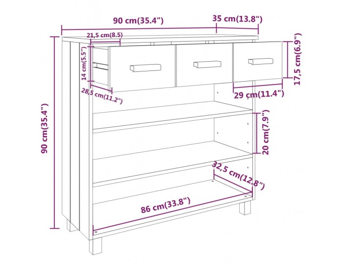 Sonata H Конзолна маса HAMAR бяла 90x35x90 см борово дърво масив