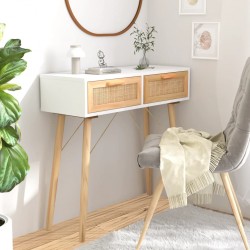 Sonata H Конзолна маса, бяла, 80x30x75 см, бор масив и естествен ратан - Măsuțe de living