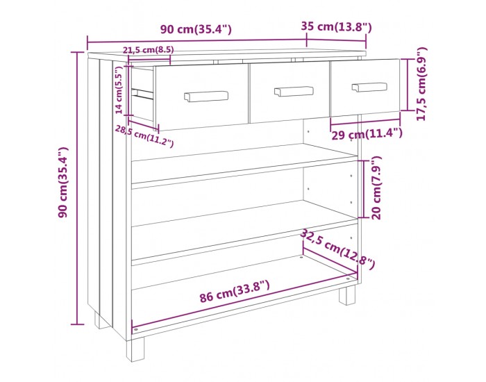 Sonata H Конзолна маса HAMAR меденокафява 90x35x90 см борово дърво масив