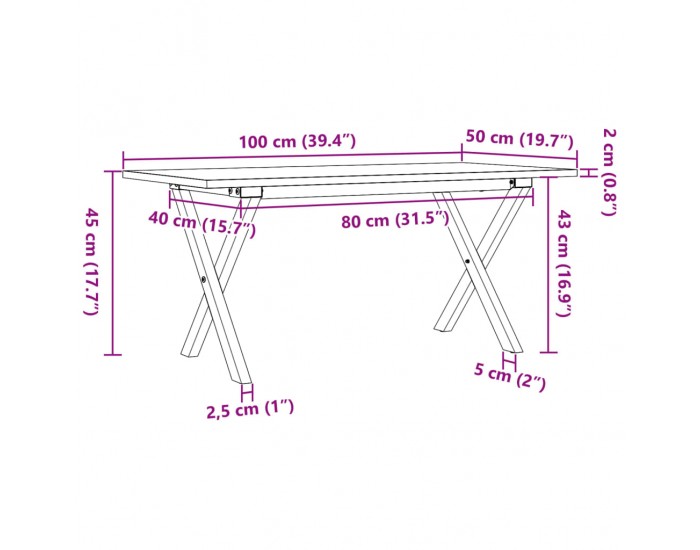 Sonata H Кафе маса X-образна рамка 100x50x45 см бор масив и чугун