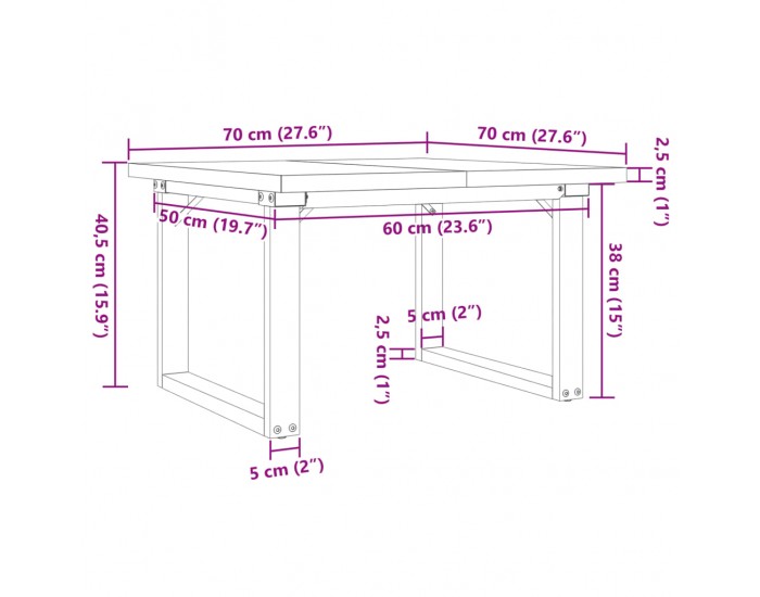 Sonata H Кафе маса О-образна рамка 70x70x40,5 см бор масив и чугун