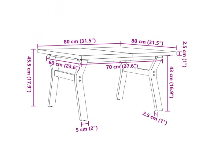Sonata H Кафе маса Y-образна рамка 80x80x45,5 см бор масив и чугун