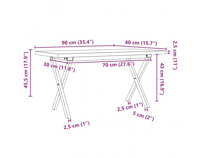 Sonata H Кафе маса X-образна рамка 90x40x45,5 см бор масив и чугун