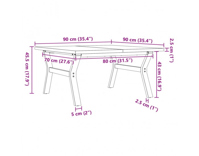 Sonata H Кафе маса Y-образна рамка 90x90x45,5 см бор масив и чугун