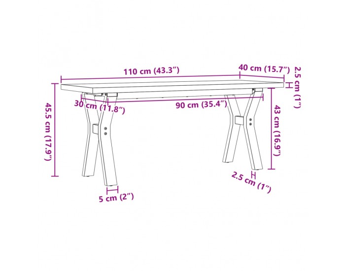 Sonata H Кафе маса Y-образна рамка 110x40x45,5 см бор масив и чугун