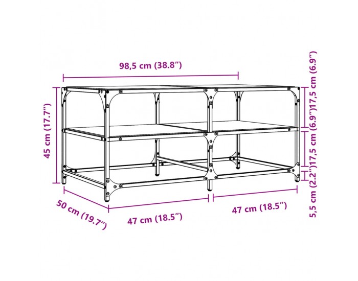Sonata H Маса за кафе с черен стъклен плот 98,5x50x45 см стомана