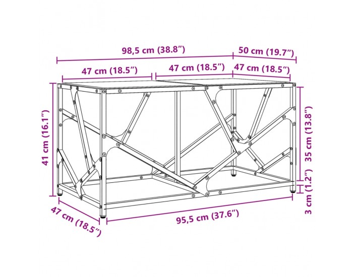 Sonata H Маса за кафе с черен стъклен плот 98,5x50x41 см стомана