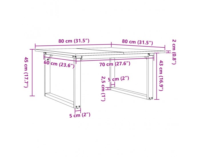 Sonata H Кафе маса О-образна рамка 80x80x45 см бор масив и чугун