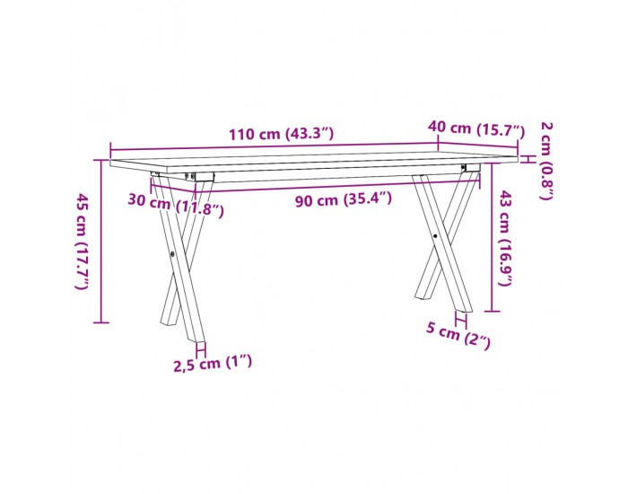 Sonata H Кафе маса X-образна рамка 110x40x45 см бор масив и чугун