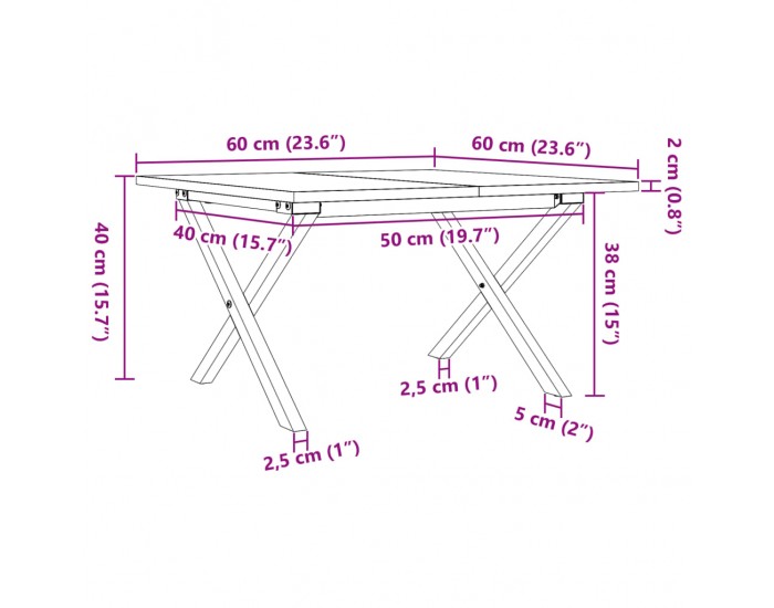 Sonata H Кафе маса X-образна рамка 60x60x40 см бор масив и чугун