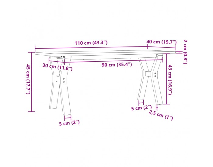 Sonata H Кафе маса Y-образна рамка 110x40x45 см бор масив и чугун