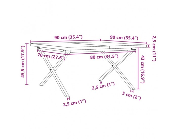 Sonata H Кафе маса X-образна рамка 90x90x45,5 см бор масив и чугун