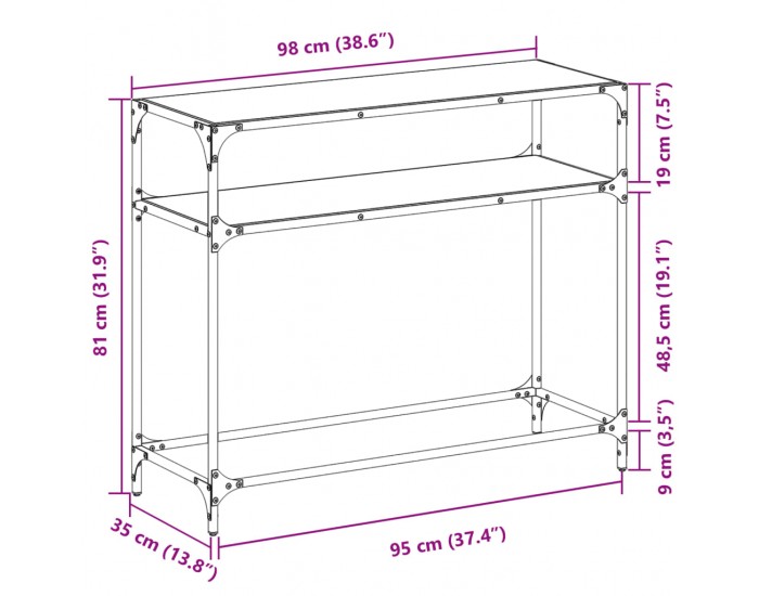 Sonata H Конзолна маса с черен стъклен плот 98x35x81 см стомана