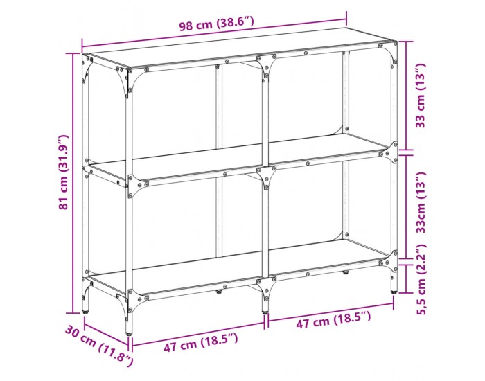 Sonata H Конзолна маса с черен стъклен плот 98x30x81 см стомана