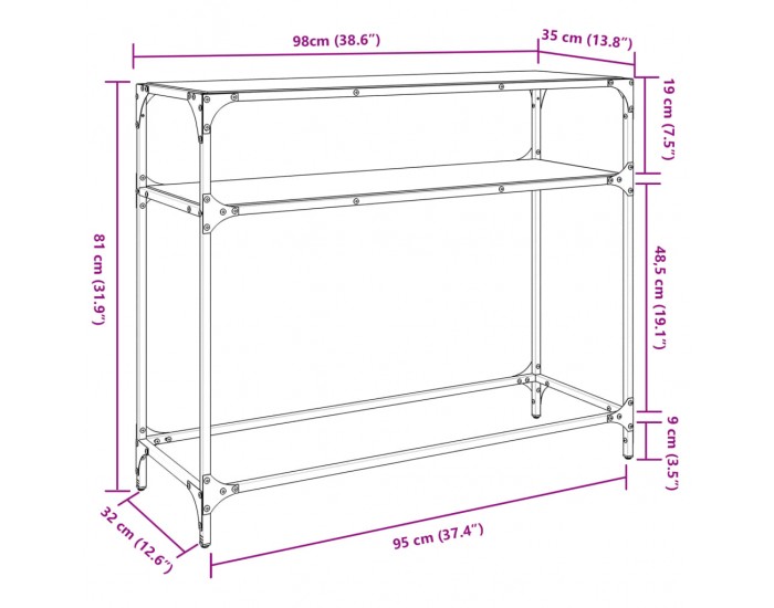 Sonata H Конзолна маса с прозрачен стъклен плот 98x35x81 см стомана