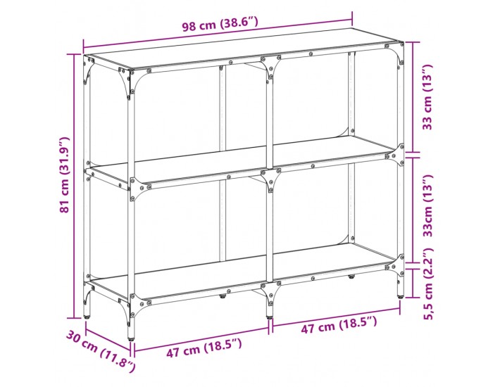 Sonata H Конзолна маса с прозрачен стъклен плот 98x30x81 см стомана