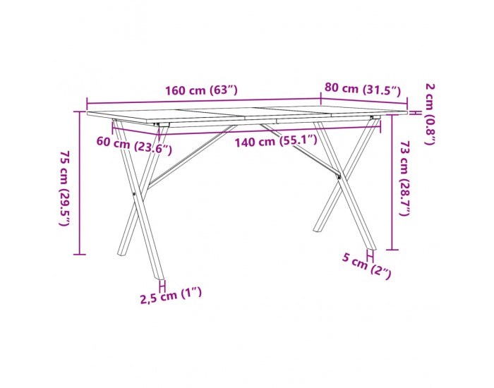 Sonata H Трапезна маса X-образна рамка 160x80x75 см бор масив и чугун