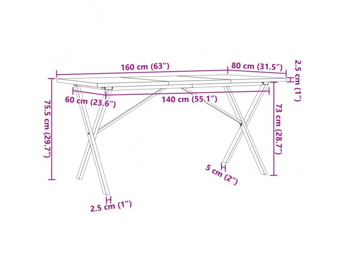 Sonata H Трапезна маса X-образна рамка 160x80x75,5 см бор масив и чугун