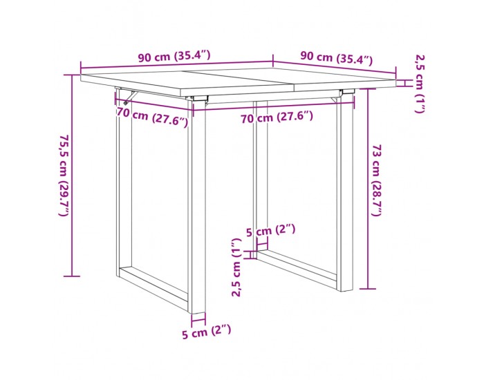 Sonata H Трапезна маса О-образна рамка 90x90x75,5 см бор масив и чугун