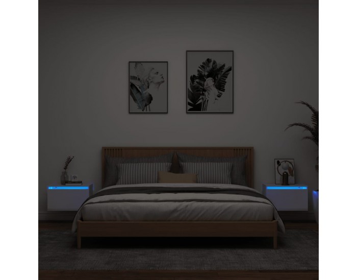 Sonata H Нощни шкафчета за стена с LED осветление, 2 бр, бели