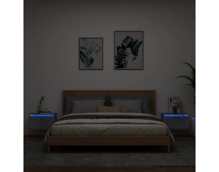 Sonata H Нощни шкафчета за стена с LED осветление, 2 бр, бетонно сиви