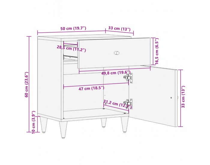 Sonata H Нощно шкафче 50x33x60 см мангово дърво масив