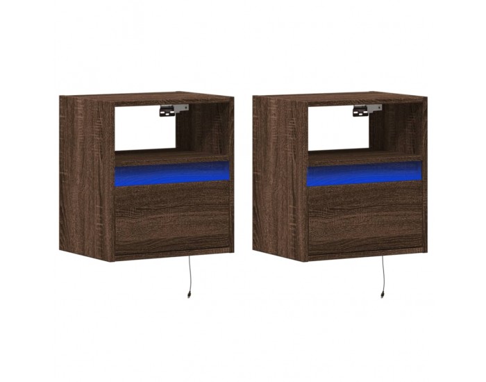Sonata Noptiere montate pe perete cu lumini LED, 2 buc., stejar maro