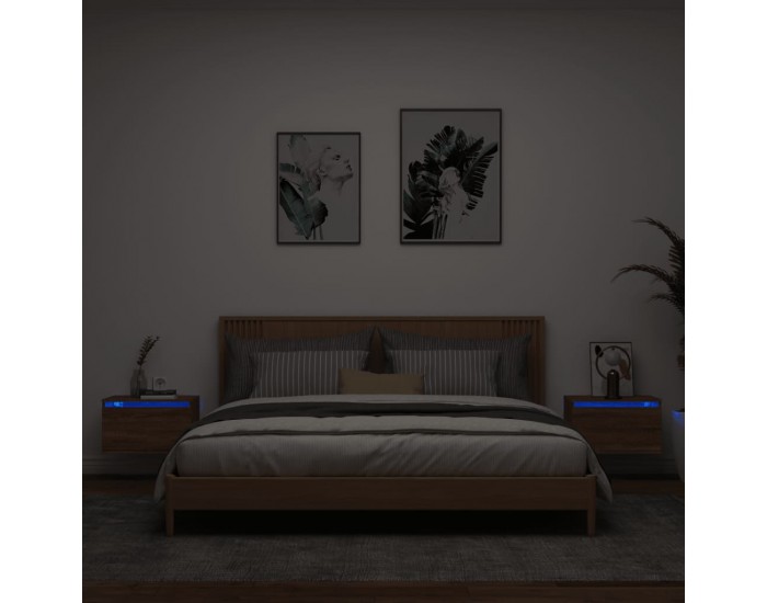 Sonata H Нощни шкафчета за стена с LED осветление, 2 бр, кафяв дъб