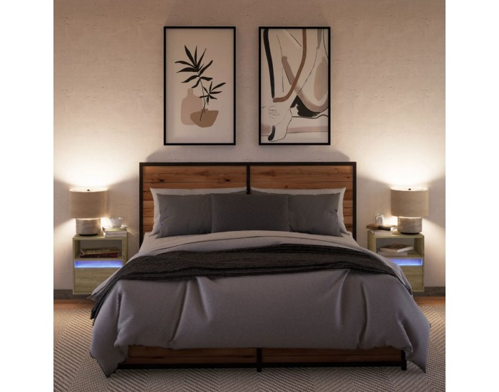 Sonata Noptiere montate pe perete cu lumini LED, 2 buc., stejar sonoma