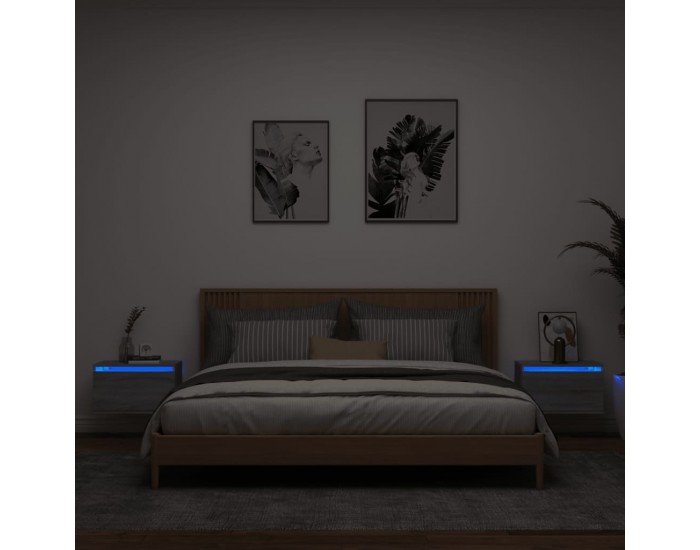 Sonata H Нощни шкафчета за стена с LED осветление, 2 бр, сив сонома