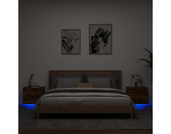 Sonata H Нощни шкафчета за стена с LED осветление, 2 бр, опушен дъб