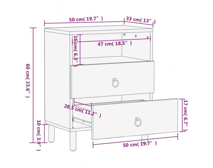 Sonata H Нощно шкафче 50x33x60 см мангово дърво масив