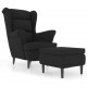 Sonata H Фотьойл Wingback с табуретка, черен, кадифе