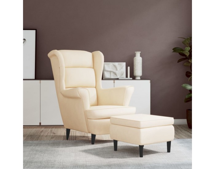 Sonata H Фотьойл Wingback с табуретка, кремав, кадифе