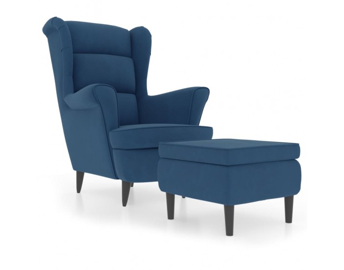 Sonata H Фотьойл Wingback с табуретка, син, кадифе