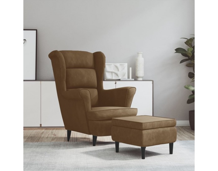 Sonata H Фотьойл Wingback с табуретка, кафява, кадифе