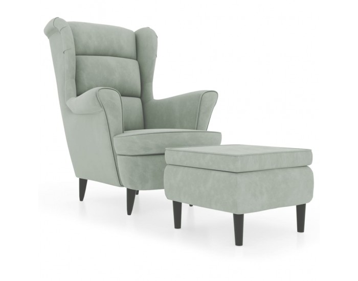 Sonata H Фотьойл Wingback с табуретка, светлосиво, кадифе