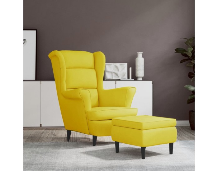 Sonata H Фотьойл Wingback с табуретка, Горчица жълто, кадифе